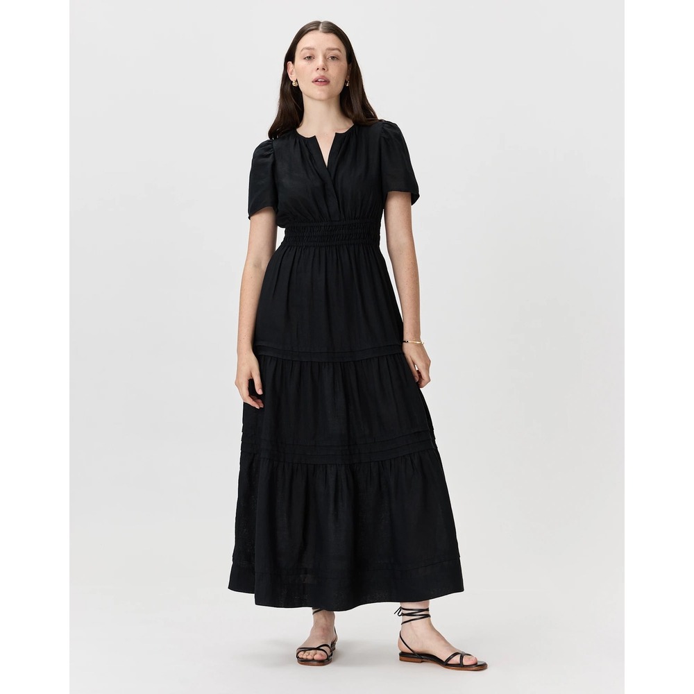 Quince 100% Organic Cotton Poplin Tiered Maxi Dress Black Sz S Minimalist Guest